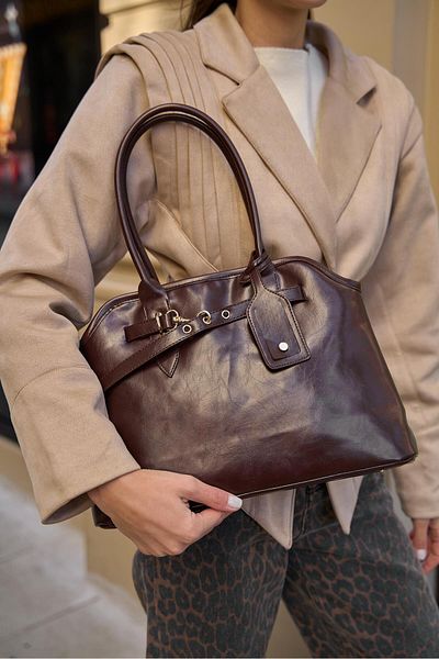 Madamra Brown Women's Retro Handbag with Belt Detail