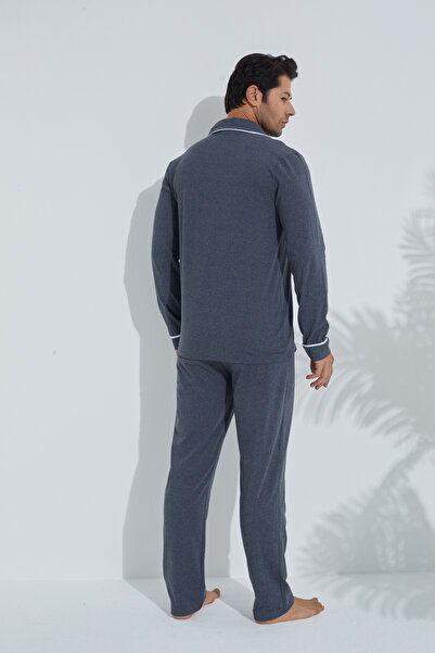 Siyah İnci Antrasit Erkek Pamuklu Gömlek Yaka Düğmeli Biyeli Pijama Takım