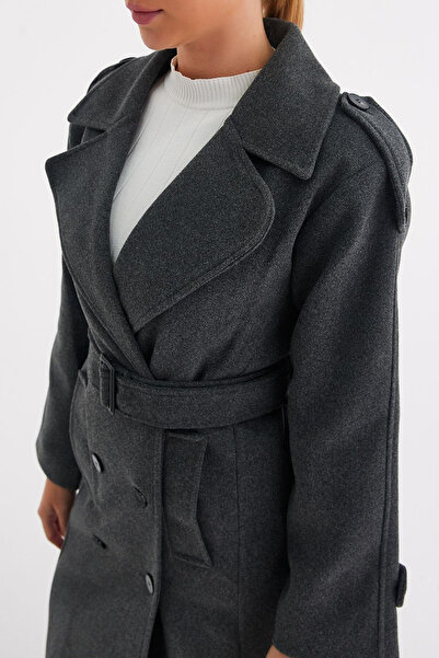 My Blog Anthrazitfarbener Epaulette-Mantel mit Gürtel – 44188