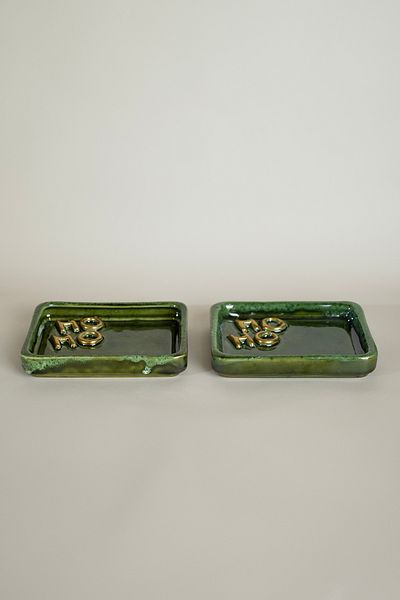 Koza Home Green Ceramic - Dessert Plate Set of 2, Gold Finish and Ho-Ho Embossed 2151