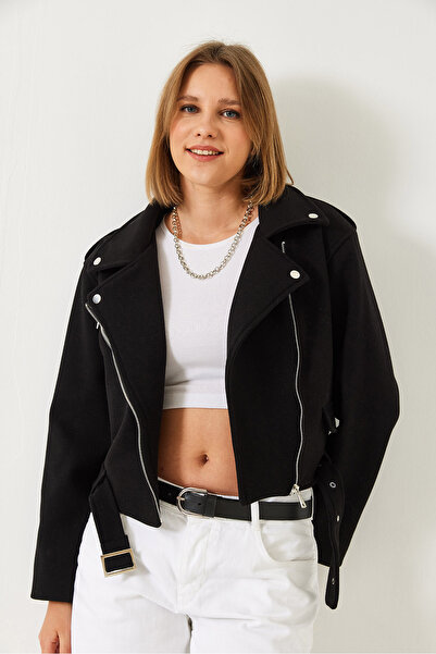 Bianco Lucci Dámská kapesní krátká motorkářská bunda s detailním páskem 2446 60351313