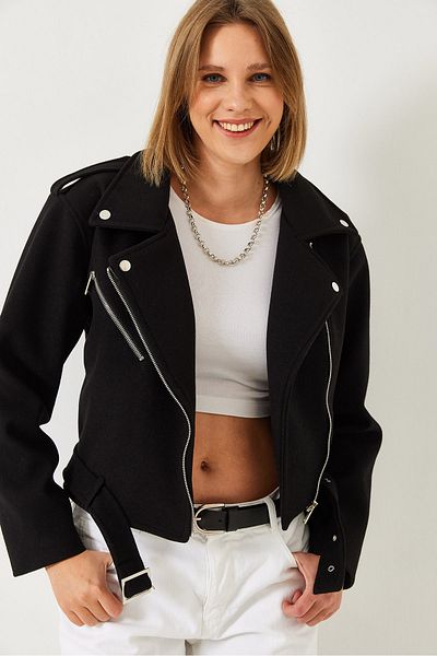 Bianco Lucci Women's Pocket Detailed Belted Lined Short Stamp Biker Jacket 2446 60351313