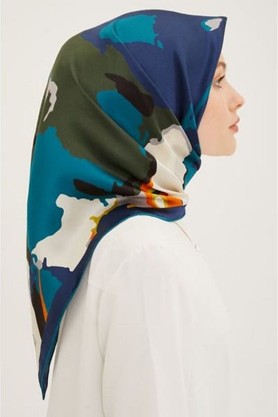 Armine Silk Scarf Nostalgia Sura 8935Ds-55 Tie-Dye Pattern Ecru-Petrol Blue