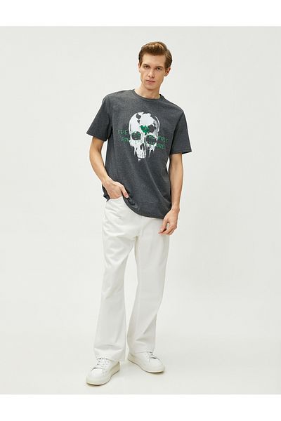 Koton Skull Printed T-Shirt Crew Neck Short Sleeve Slogan Detailed