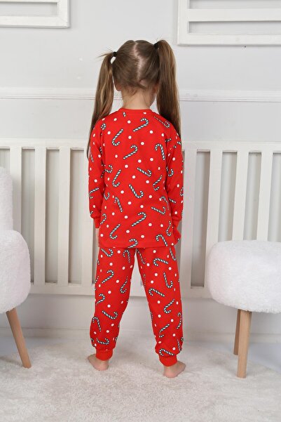 Minik Dolap Unisex Children's Pajamas Set - New Year's Candy Pattern, 100% Cotton, Red