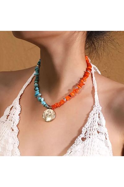 Store Boho-Stylish Orange & Blue Beaded Vintage Necklace