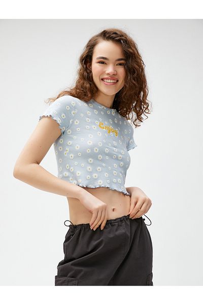 Koton Tricou crop imprimat cu mânecă scurtă cu gât crew din bumbac