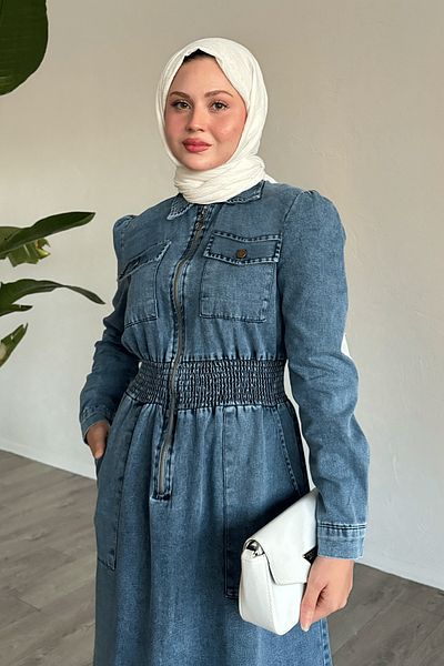 InStyle Rochie albastră din denim cu buzunar în talie