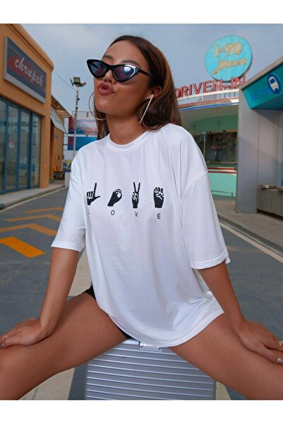 BW Bravely Wear Țesătură de bumbac pentru femei cu imprimeu LOVE, croială con...