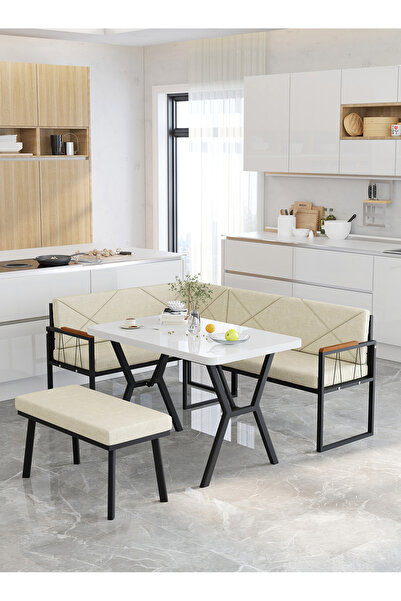 Mygusi Src 70x110cm Beyaz Masalı, Köşe Takımı, Mutfak, Balkon Köşe Takımı, Mutfak Masası Takımı - Krem