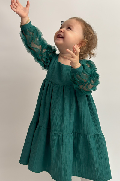 ALYRA Kız Bebek Kare Yaka Fermuarlı Fırfırlı Uzun Kollu Doğum Günü Parti Özel Gün Astarlı Elbise