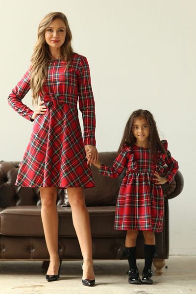 KÜÇÜĞÜM BUTİK Red Plaid Flared Dress Mother Daughter Combination Design (Single for Sale)