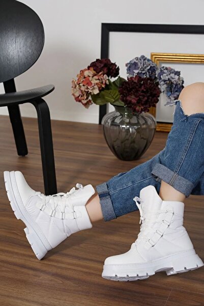 sefayol Marcy Beyaz Paraşüt Mat Deri Kadın Kar Botu