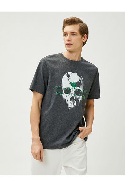 Koton Skull Printed T-Shirt Crew Neck Short Sleeve Slogan Detailed
