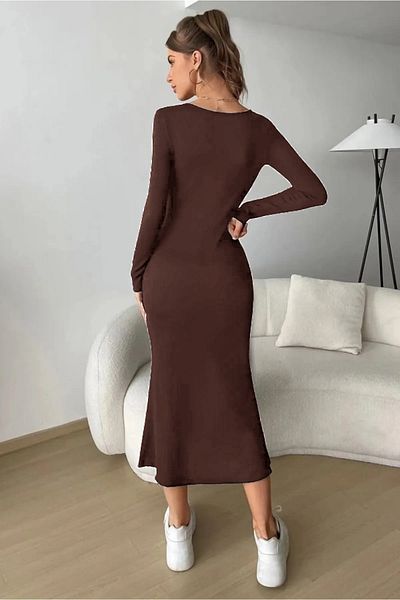 World Fashion Trends Τετράγωνη λαιμόκοψη μακρυμάνικο ελαστικό μακρύ φόρεμα