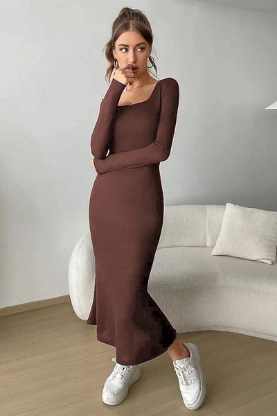 World Fashion Trends Τετράγωνη λαιμόκοψη μακρυμάνικο ελαστικό μακρύ φόρεμα