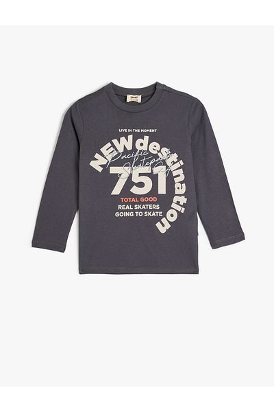 Koton Cotton Long Sleeve Crew Neck T-Shirt - Slogan Print Detailed