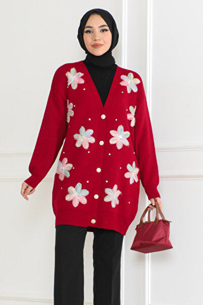 BURCU TESETTÜR Kırmızı Çiçek Işlemeli Triko Hırka 2451
