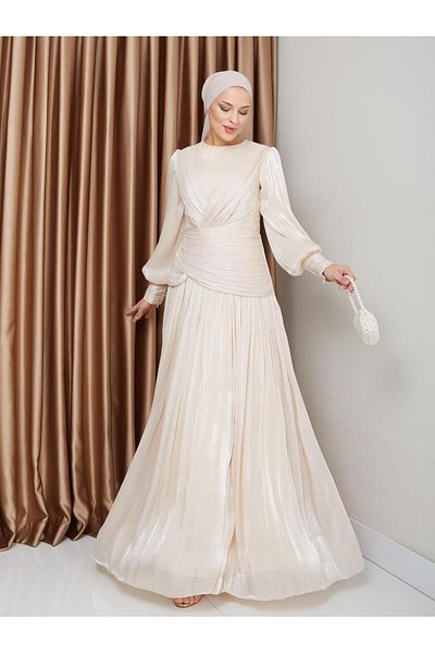 Olcay Hijab-Abendkleid aus Kristall-Chiffon mit Volant- und Falten-Detail, CREAM 1230