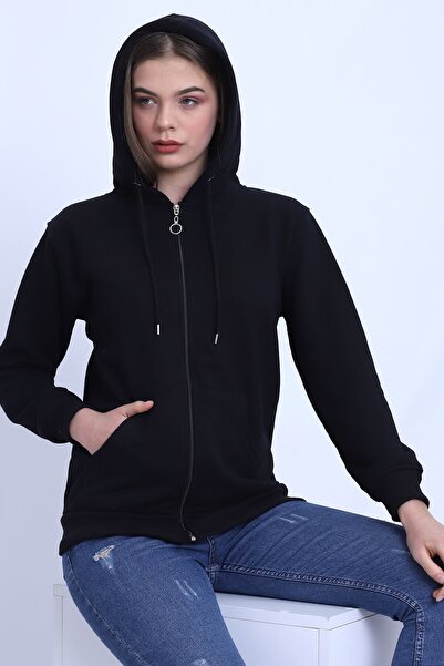 Deafox Black Zippered and Hooded Women's Cardigan