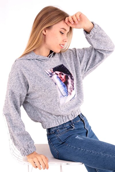 Deafox Γκρι απλικέ γυναικείο φούτερ με κουκούλα