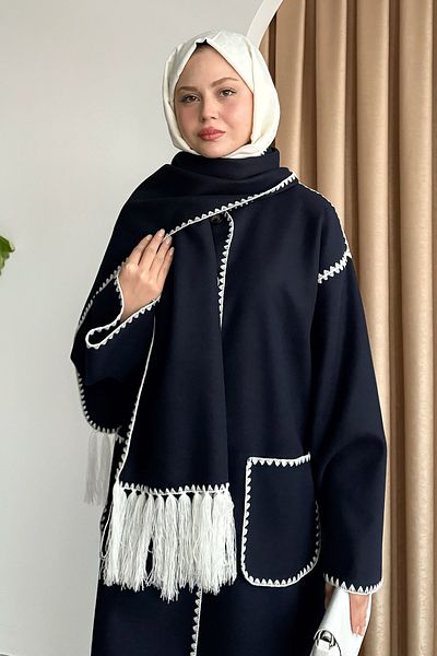 InStyle Κασμίρ Μακρύ Μπλε Μπουφάν με Φουλάρι και Τσέπες