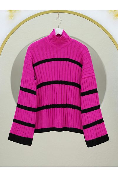 Modamorfo Loose Sleeve Striped Knitwear Sweater -Fuchsia