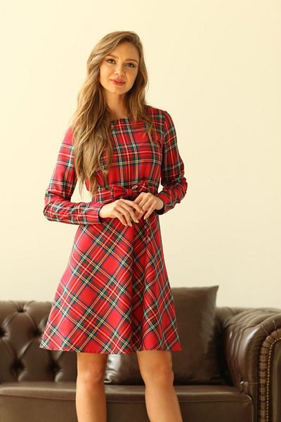 KÜÇÜĞÜM BUTİK Red Plaid Flared Dress Mother Daughter Combination Design (Single for Sale)