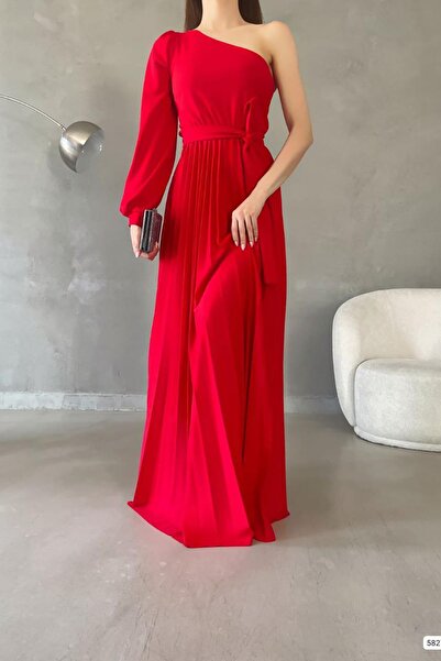 Deafox Rochie roșie cu o mânecă, cu centură, lungime maxi, plisată, din material creponat, cu mânecă lungă