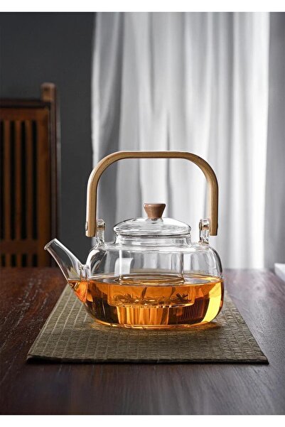 HomeTarz Borosilikat Cam Demlik - Bambu Kulplu Bitki Demliği - Isıya Dayanıkl...