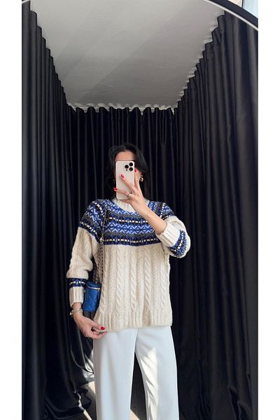 HAZELANNA Blue Patterned High-Rise Sweater