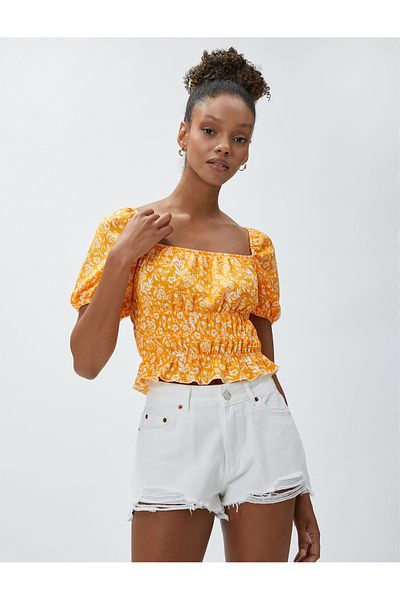 Koton Tricou Crop Floral - Înfășurat cu mânecă cu balon Gimp