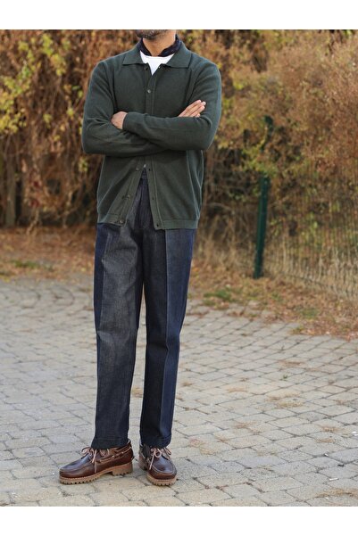 hateko 100% Cotton Khaki Waffle Knitted Shirt Collar Knitwear Cardigan