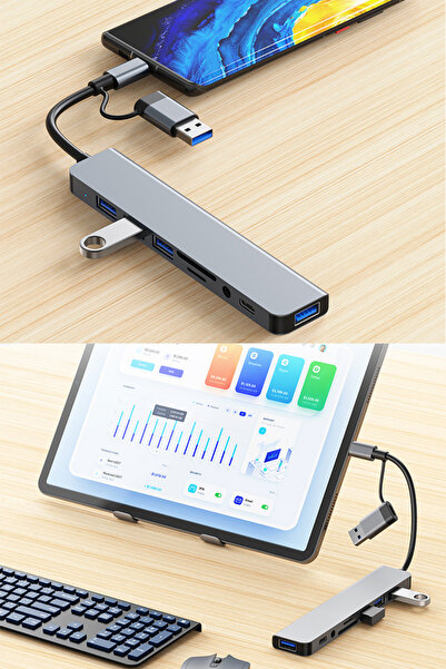 Abbruch Type-c+Usb 8in2 Çevirici Dönüştürücü Hub Sd/Usb 2.0-3.0/Aux/Typec 8 Port Usb Port