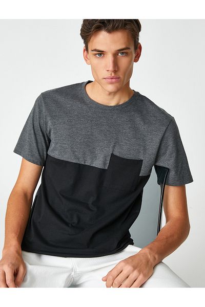 Koton Crew Neck T-Shirt Pocket Detailed Color Block Short Sleeve Cotton