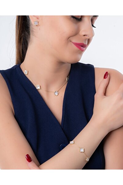 YCL JEWELLERY 14 Ayar Çoklu Beyaz Taşlı Altın Yonca Kolye