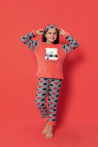 Asel Heart Pattern Fleece Fabric Kids Pajamas Set