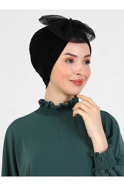 Differenza Boneta șilepo cu perle din tul negru nisipos