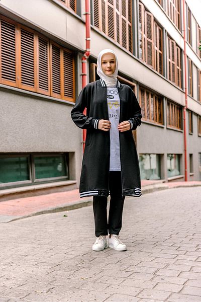 C&C OKULCUNUZ Μαύρο Σετ Φούτερ Hijab - Σετ τουνίκ Διπλό