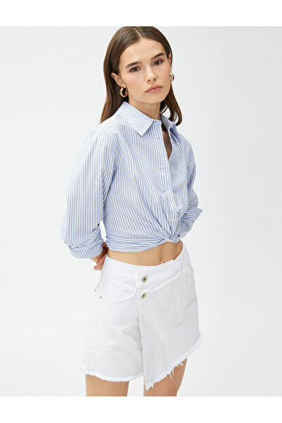 Koton Crop Gömlek Düğüm Detaylı Uzun Kollu Pamuklu
