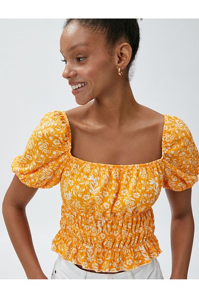 Koton Tricou Crop Floral - Înfășurat cu mânecă cu balon Gimp