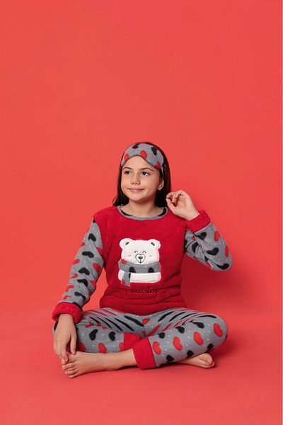 Asel Heart Pattern Fleece Fabric Kids Pajamas Set