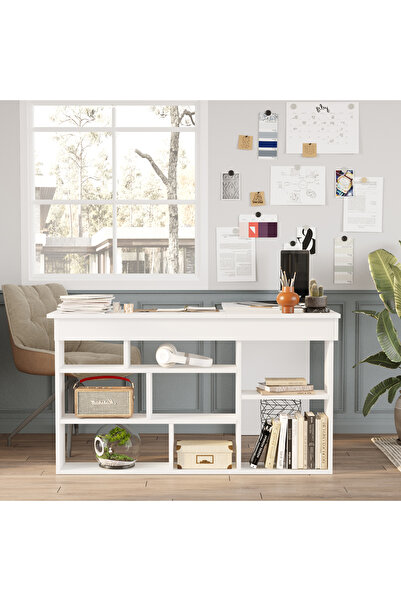 Yurudesign Tywin Kitaplık Raflı Çalışma Masası Beyaz CT5X-W
