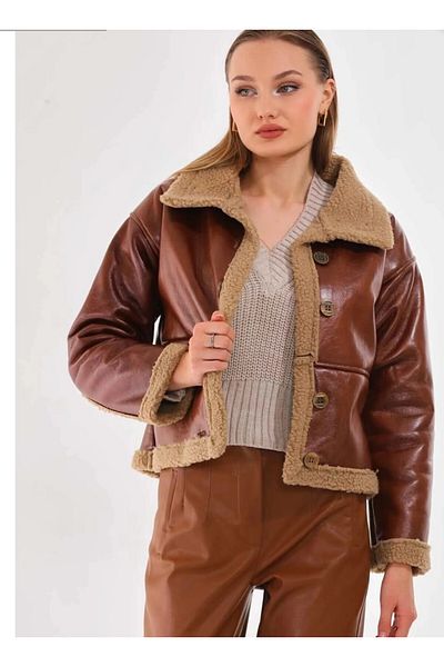 hazelin Tan Shearling Faux Leather Women's Coat - Button, Hzl23W-Brc 129331