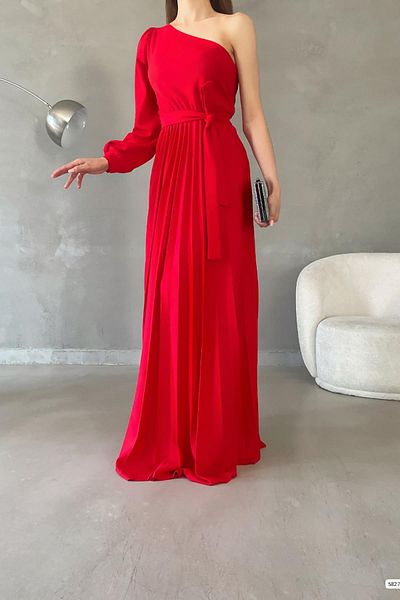 Deafox Rochie roșie cu o mânecă, cu centură, lungime maxi, plisată, din material creponat, cu mânecă lungă
