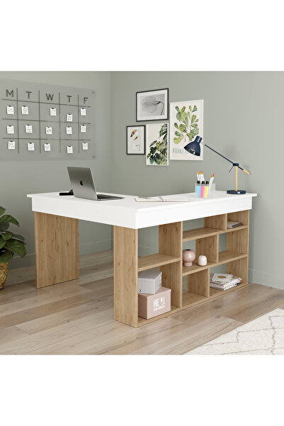 Yurudesign Tywin Kitaplık Raflı Çalışma Masası Sepet-Beyaz CT5-SW