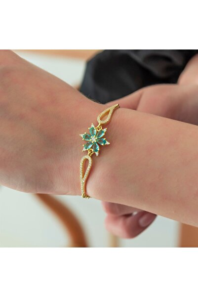Nereze 925 Ayar Kelepçe Model Aquamarin Taşlı Çiçek Bileklik Kadın Gümüş Bile...