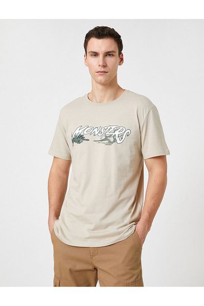 Koton Σλόγκαν εμπριμέ T-Shirt Crew Neck Slim Fit Cotton