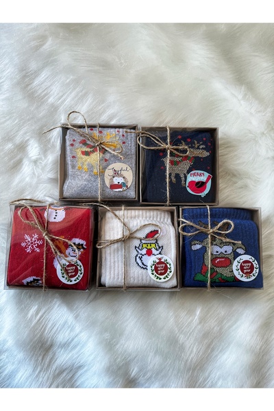 MEKİK BUTİK 5 Kutu Hediyelik Yılbaşı Noel Çorabı Yılbaşı Hediyesi  Kutulu Çorap Seti