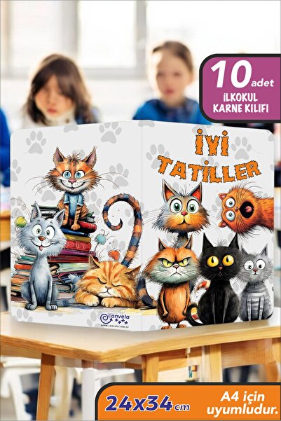İstisna 10 Adet Kedi Temalı A4 İlkokul Karne Kılıfı Kabı Karne Süsleme 24x34